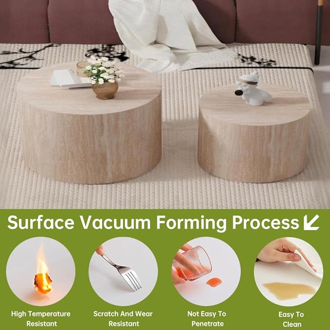 Round Nesting Coffee Table Set of 2 Small Round Coffee Tables for Living Room Modern Fluted Coffee Table Circular End Table Side Table for Small Spaces No Assembly (Travertine, 27 in)