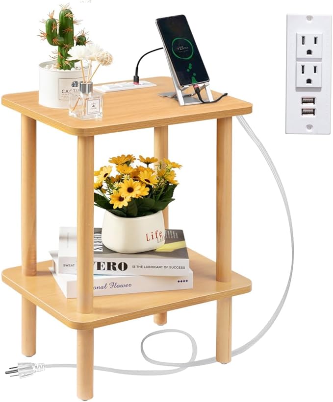 FORAOFUR End Table with Charging Station, Small Tables for Small Spaces in Living Room, Bedroom &Office, Nightstand Bedside Table with Solid Wood Legs, No Assembly Required