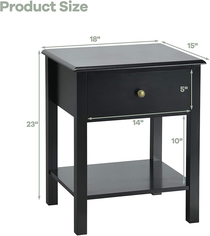 Giantex Nightstand Set of 2, 2-Tier End Table with Drawer and Open Storage Shelf, Modern Bedside Tables, Wooden Side Table Night Stand for Bedroom, Dorm, Small Spaces, Easy Assembly, Black