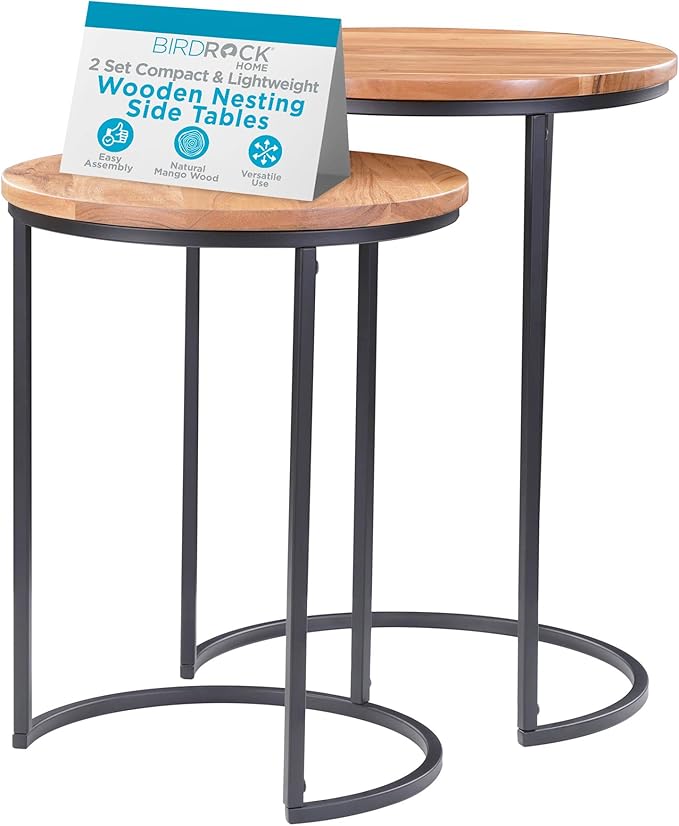 BIRDROCK HOME Wooden Nesting Side Tables - Mid Century Modern Stackable Coffee Table - Space-Saving Wooden End Table for Living Room, Bedroom, Centerpiece, Office, Balcony - Natural Mango Wood - 2 Set