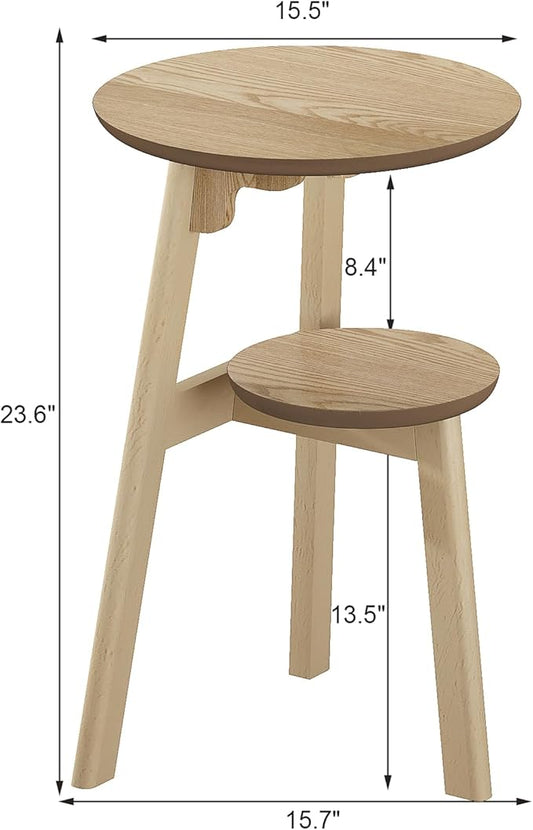 ChooChoo Round End Table for Small Spaces, Narrow Side Table, Accent Table Night Stand with 2 Tier Shelf for Bedroom and Living Room, Natural