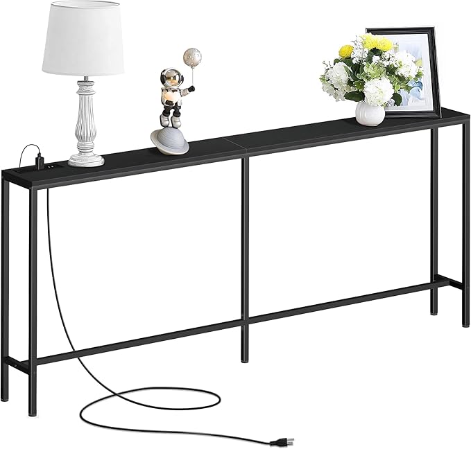 70 Inch Console Table with Outlet, Sofa Table with Charge Station Long Entryway Table for Office, Hallway, Bedroom, Living Room(Charcoal Black)