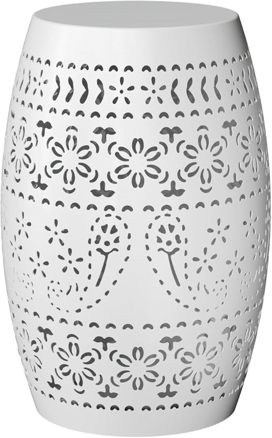 VINGLI Outdoor Iron Side Table, Patio End Table Anti-Rust Metal Round Drum Garden Stool Plant Stand Indoor Iron Accent Table for Patio Deck Porch Living Room (White)