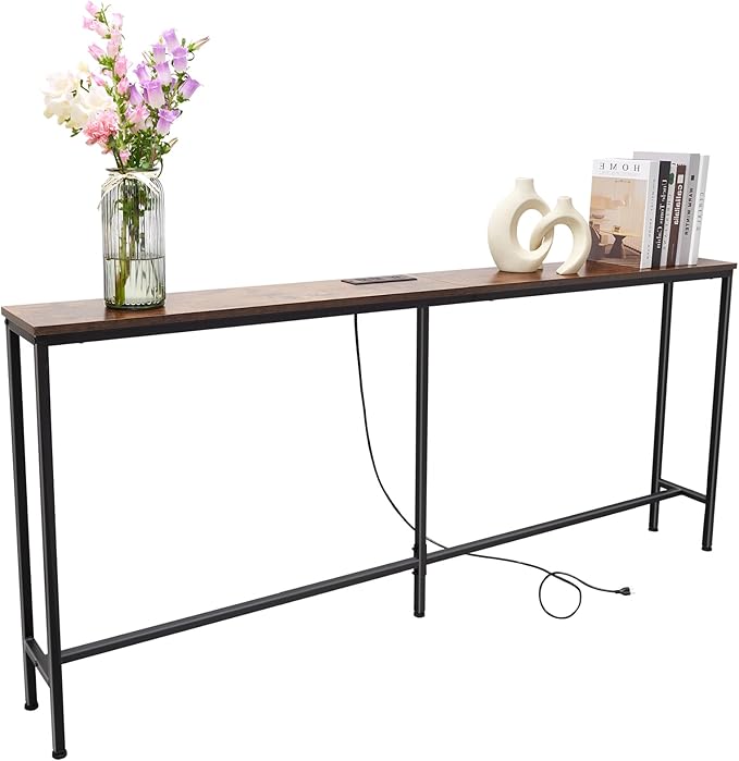 63 Inch Sofa Table，Narrow Console Table with Power Outlet，Slim Entryway Table for Living Room,Hallway,Bedroom(Rustic Brown)