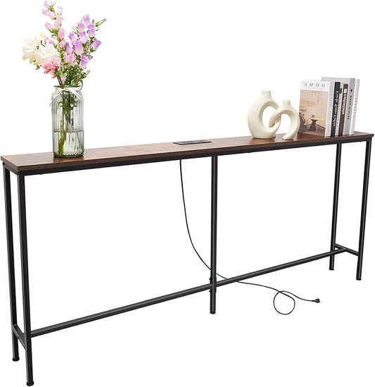 63 Inch Sofa Table，Narrow Console Table with Power Outlet，Slim Entryway Table for Living Room,Hallway,Bedroom(Rustic Brown)