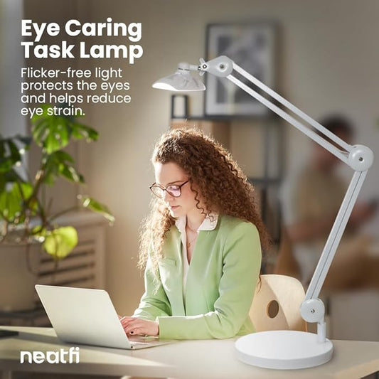 Neatfi XL 2,200 Lumens LED Task Lamp, 24W, 117 Pcs SMD LED, 4 Level Brightness, Dimmable, Desk Light for Home, Office, Workbench (Non-CCT with Base, White)