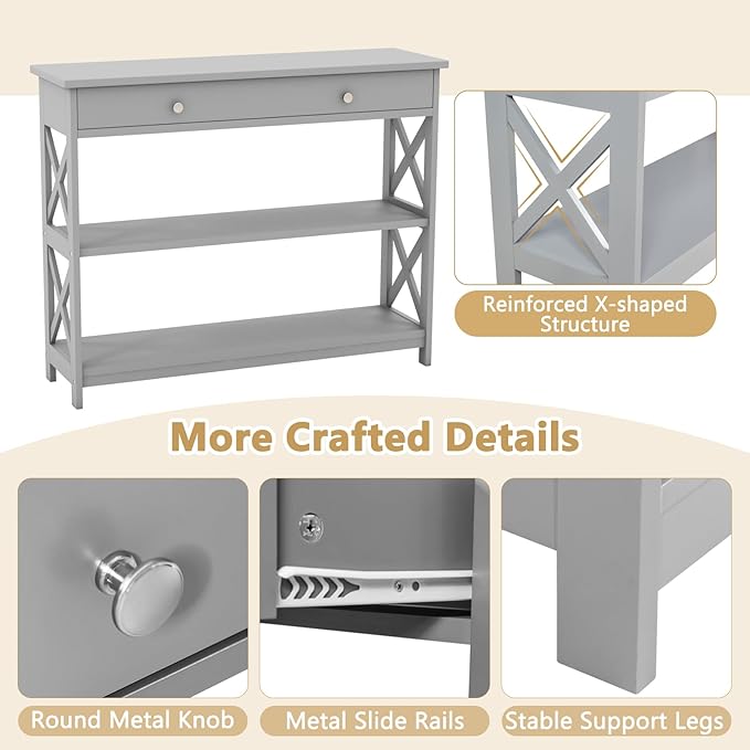GOFLAME 39" Console Sofa Table with Drawers, 3-Tier Narrow Entry Table with Storage Shelves for Living Room Behind Couch, Entryway, Hallway (Grey)