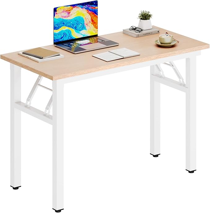 DlandHome Folding Desk Small Desk 31.5 inches Computer Desk for Home Office Folding Table Writing Table for Small Spaces No Assembly Required Pink Oak & White Frame