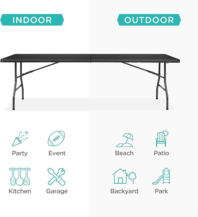 Best Choice Products 8ft Plastic Folding Table, Indoor Outdoor Heavy Duty Portable w/Handle, Lock for Picnic, Party, Pong, Camping - Black