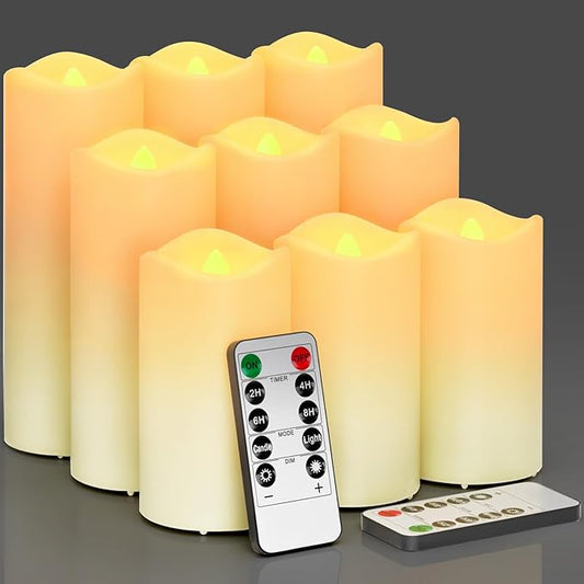 Flickering Flameless Candles, Realistic Battery Operated Candle with Timer, 18 AA Batteries Included, Set of 9 Outdoor Indoor Decor with 10-Key Remote LED Flameless Candle, Birthday Gifts for Him, Her