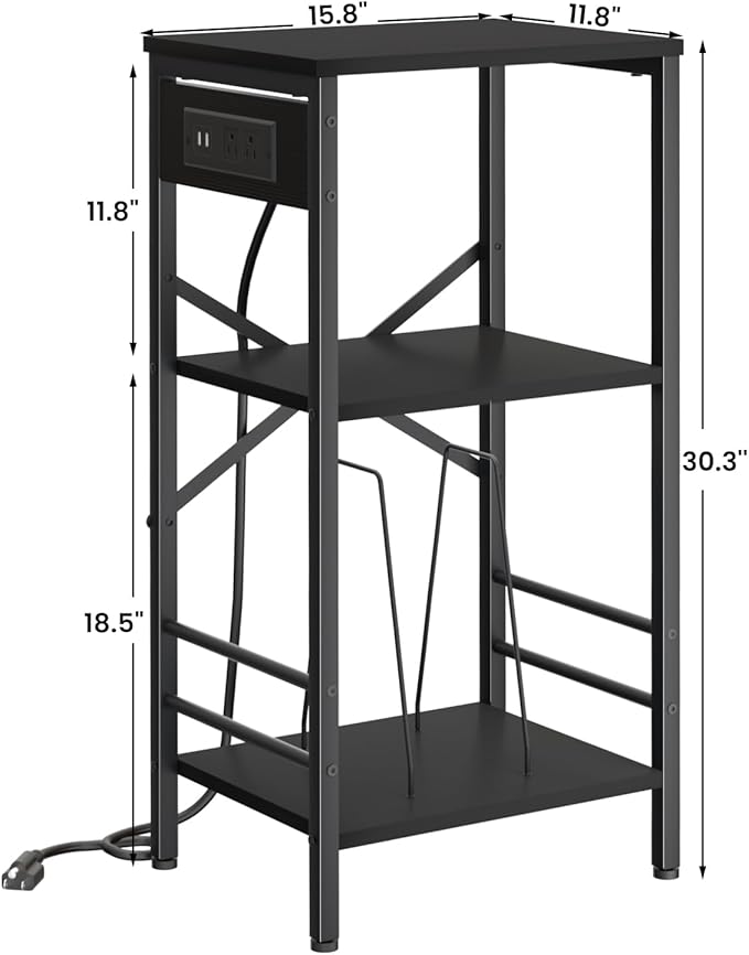 Record Player Stand with Charging Station, 3-Tier Side Table with LED Light, End Table Nightstand for Vinyl Storage, Tall Beside Tables Turntable Stand Living Room, Bedroom, Black