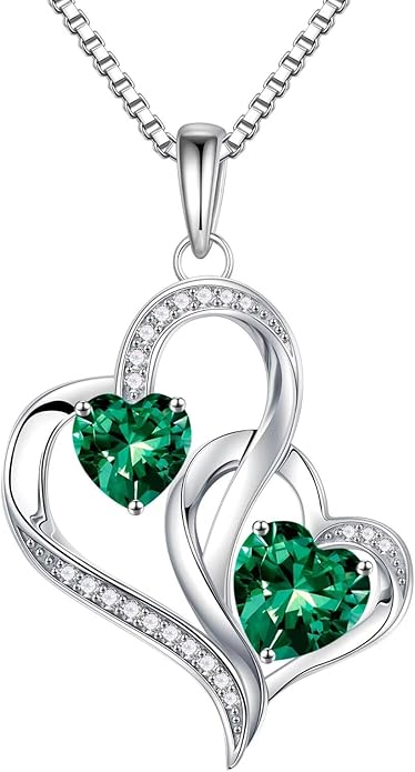 Iefil Christmas Gifts for Women - Double Heart Birthstone Necklace, 925 Sterling Silver Heart Pendant Necklace, Anniversary Birthday Gifts for Women | Personalized Jewelry Gift for Wife Mom Girlfriend