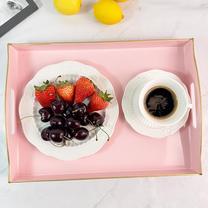 Pink Serving Tray with Handles, Plastic Decorative Tray for Coffee Table, Ottoman - Ideal for Living Room & Bathroom. 15” x 11” x 2.5”