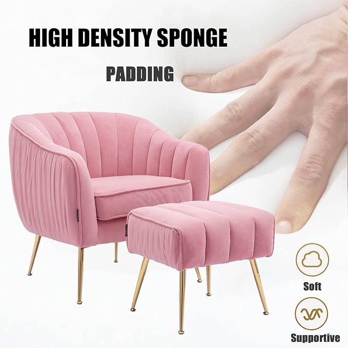 Velvet Accent Chair with Ottoman, Arm Pub Chair for Living Room/Bedroom/Nail Salon, Blush Pink, Golden Finished, Suitable for Small Spaces