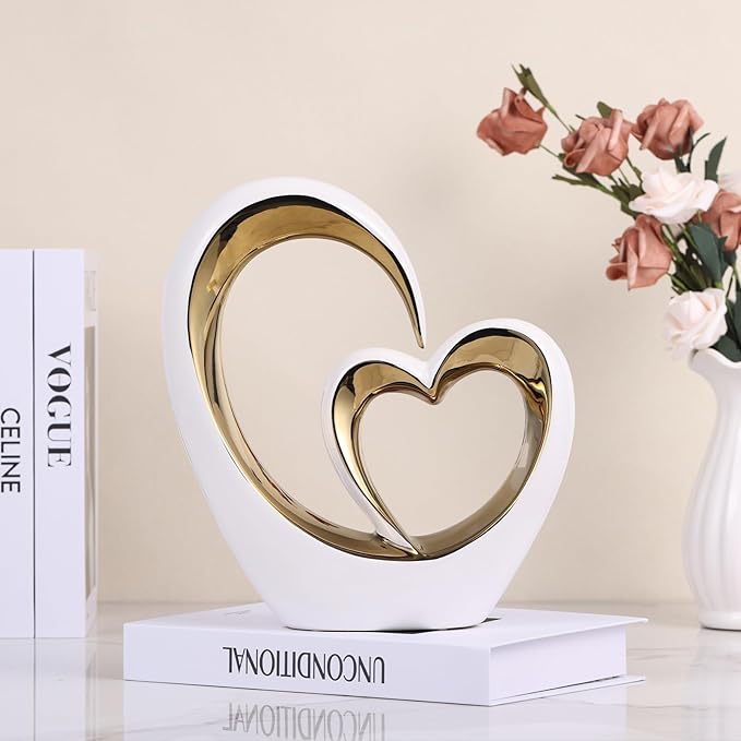 White Gold Ceramic Heart Statues - Abstract Home Sculptures for Bedroom, Wedding, Valentine Decor & Gifts for Women (Loving Hearts - Circular)