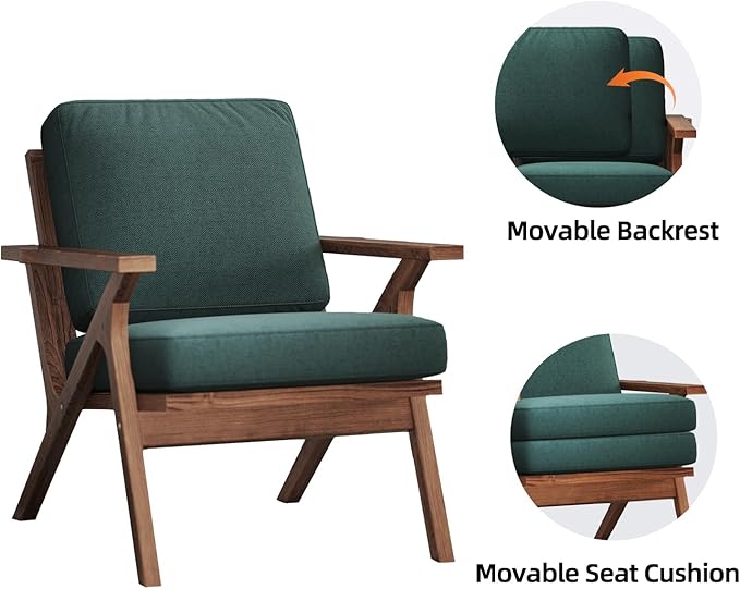 INZOY Mid-Century Modern Accent Chair with Wood Frame, Fabric Living Room Chair and Soft Thick Padded Armchair for Living Room Bedroom Reception with Removable Upholstered Cushions, Dark Green