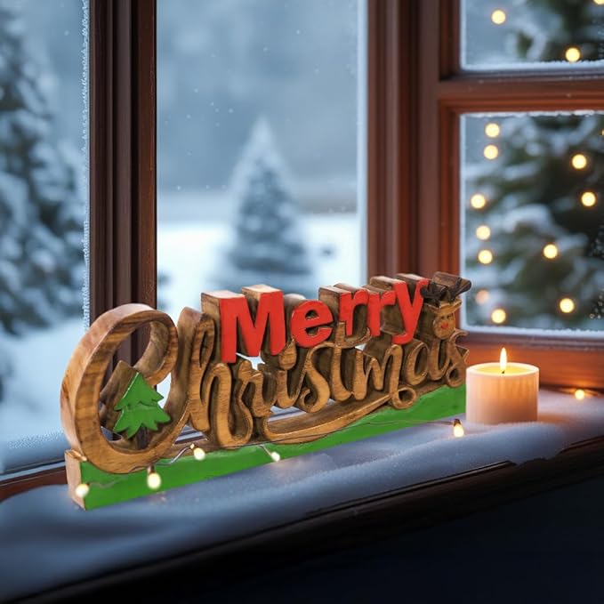 Decozen Living Room Decor: Handcrafted Merry Christmas Centerpiece - Christmas, Bedroom, Indoor Coffee Table, Dining Room, Farmhouse & Kitchen Decor, Housewarming Gifts - Solid Wood