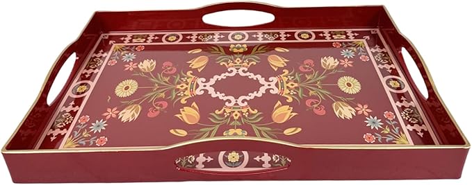 Boho Red Decorative Tray, Serving Tray with 4 Handles, Plastic Tray for Coffee Table, Ottoman - Ideal for Living Room & Bathroom. 15” x 11” x 1.9”