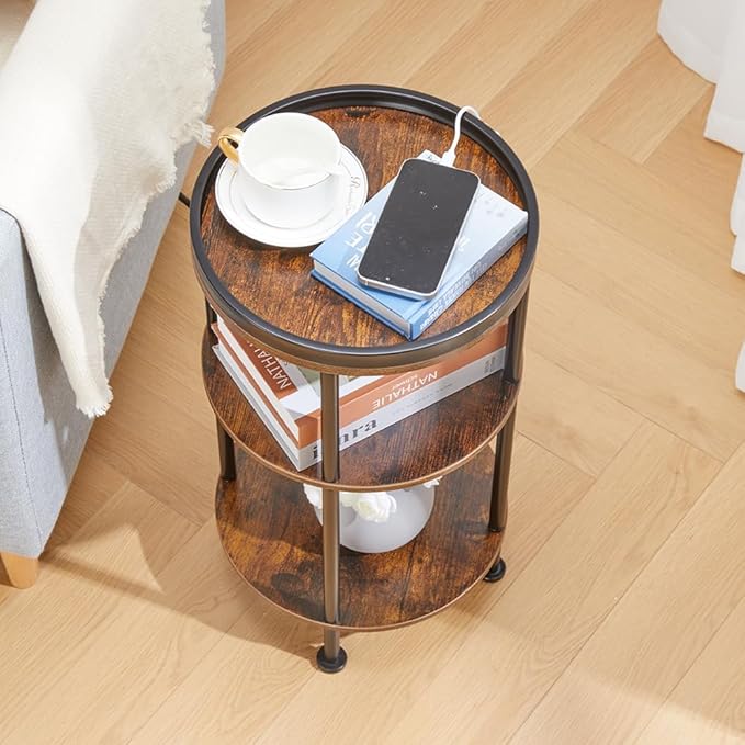 Small Round Side Table with Charging Station for Small Spaces, 3-Tier Round Accent Table with USB Ports & Power Outlets, Corner Table Sofa End Table for Living Room Bedroom (USB Charger, Rustic Brown)