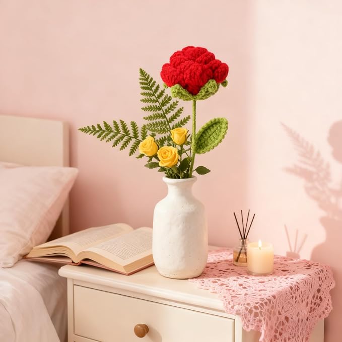 Hand-Crocheted Pink Rose Heart Bouquet - DIY Floral Doll Gift for Women, Girlfriend - Valentine's, Birthday, Home Office Desk Decor