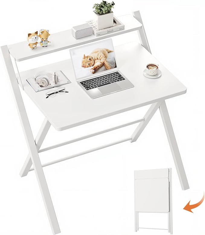 GreenForest No Assembly Folding Desk, 2-Tier Compact Computer Desk with Shelf, Space Saving Foldable Table for Home Office, Dorm or Apartment, Portable Collapsible Sturdy Laptop Desk, White