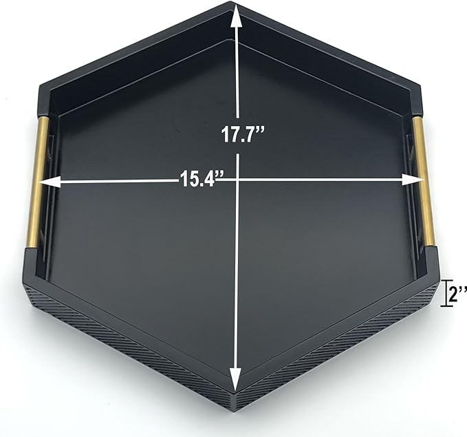 Serving Tray with Polished Metal Handles, Hexagon Coffee Table Tray, Modern Rectangle Decorative Tray, Large Ottoman Tray, Perfect for Storage and Display (Black Hexagon)