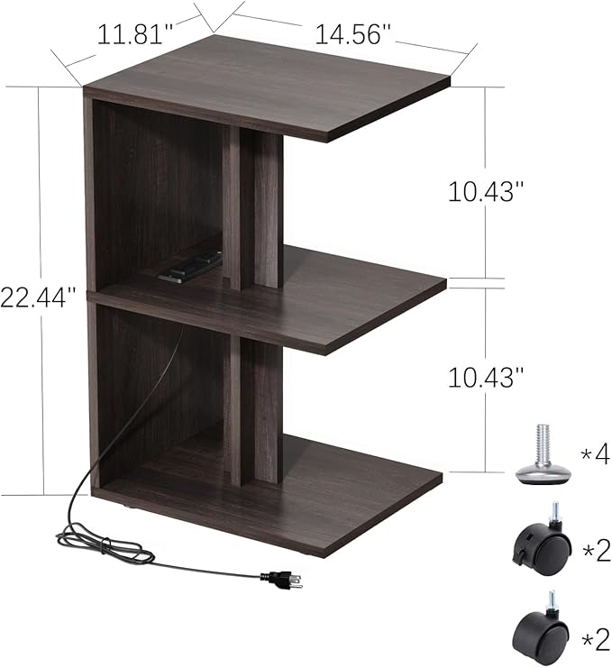 Night Stand with Charging Station, Small Side Table for Couch, USB Ports and Outlet, End Table with 3-Layer Storage Shelves for Small Spaces, Living Room, Bedroom, Bedside (2, Brown)