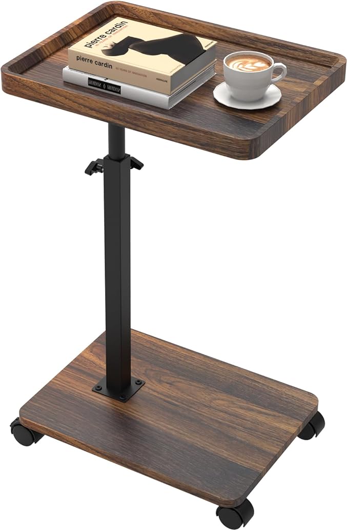 C Shaped End Table Adjustable Height, Couch Tables That Slide Under with Wheels, 360° Swivel C Side Table for Couch, Sofa, Living Room, Bedroom, Small Spaces (Walnut Veneer)