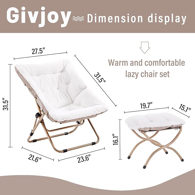 Comfy Folded Chair with Ottoman, Oversized Folding Faux Fur Chair Soft Furry Lounge Lazy Chair with Metal Frame Moon Chair Accent Chair for Bedroom, Living Room, Dorm Rooms
