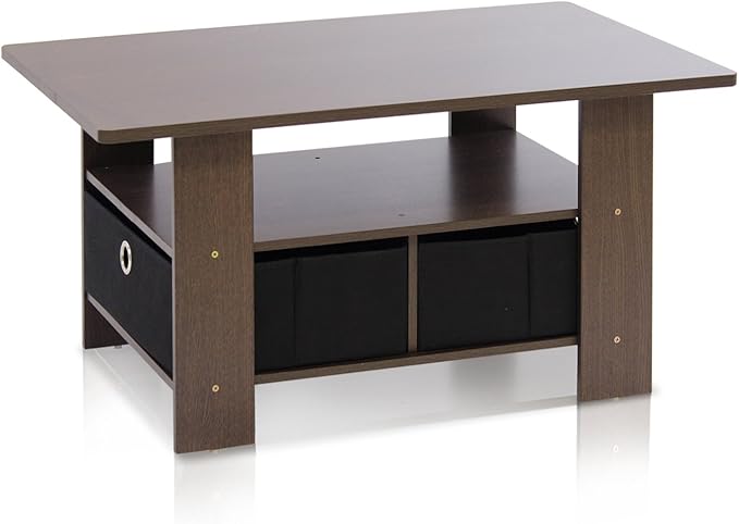 Furinno Coffee Table with Bins, Dark Brown/Black