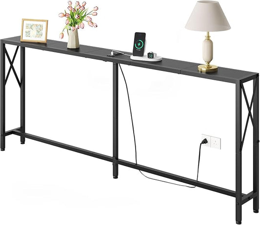 Console Table Narrow Long, Behind Couch Table with Oulets & USB Ports, Industrial Long Skinny Stand for Entryway,Hallway, Living Room, Bedroom Black, 7.9" D x 70" W x 30.3" H