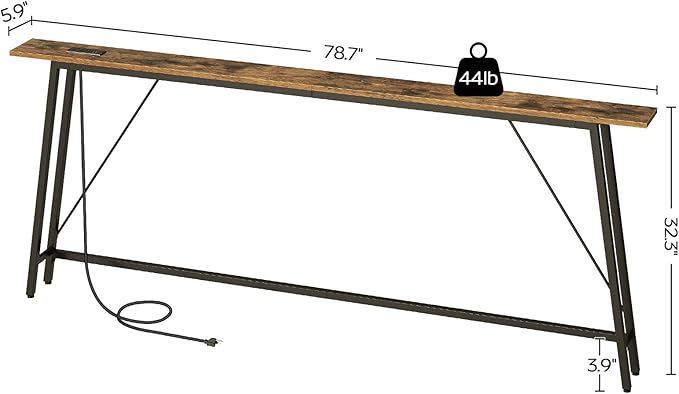 78.7" Couch Table Behind Sofa, Narrow Console Table with Outlet, Skinny Sofa Tables Narrow Long, Long Entryway Tables for Hallway, Entryway, Living Room, Rustic Brown and Black CT205UBR