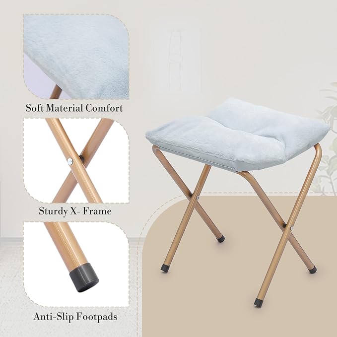 Athena Collection Saucer Chair with Ottoman Comfy Chair for Bed Room Living Room Folding Round Cozy Chair Faux Fur Metal Frame Foldable Lazy Chair Accent Chair Reading Chair, Blue