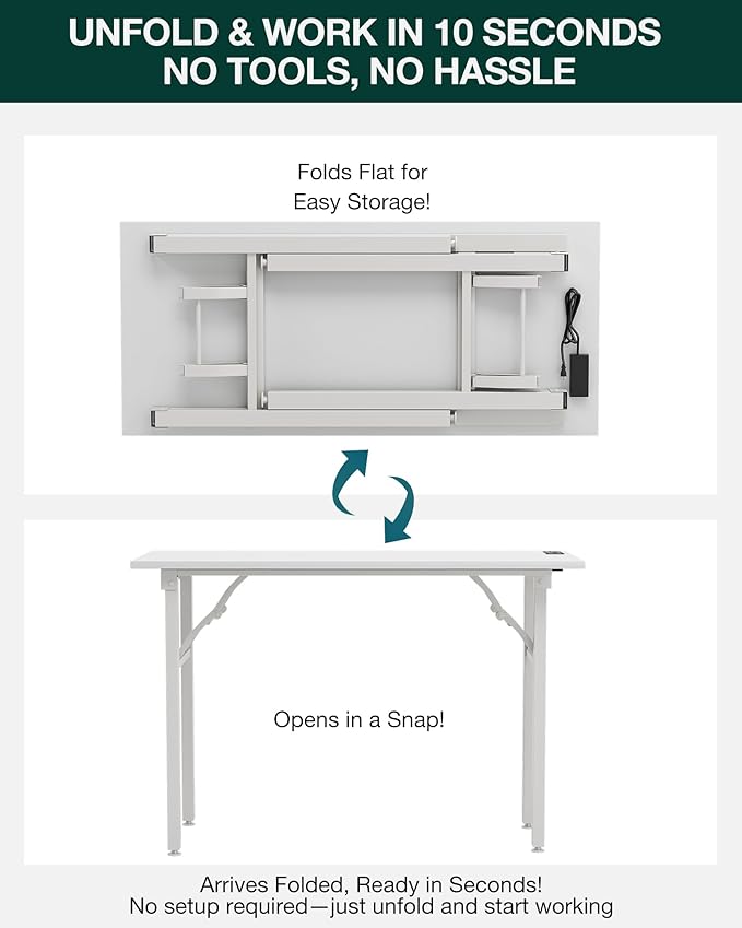 Frylr Small Folding Computer Desk – 43.3 Inch Portable Table for Craft and Study, Lightweight Desk for Small Spaces, Foldable Laptop Table Built-in AC/USB Outlets for Convenience, White