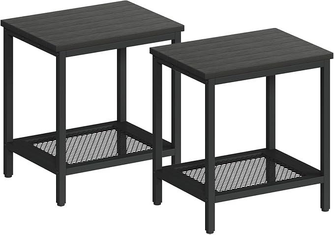 Rectangular Outdoor Side Table with Storage, 2-Tier Patio End Table Weather Resistant, Black Outdoor Accent Table, Small Porch Tables for Pool, Deck, Garden (Black 2PC)