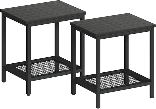 Rectangular Outdoor Side Table with Storage, 2-Tier Patio End Table Weather Resistant, Black Outdoor Accent Table, Small Porch Tables for Pool, Deck, Garden (Black 2PC)