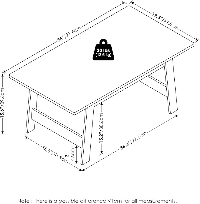 Furinno Beginning Coffee Table, Modern Coffee Table with H-Legs, Side Table, for Living Room, Bedroom, Home Office, White