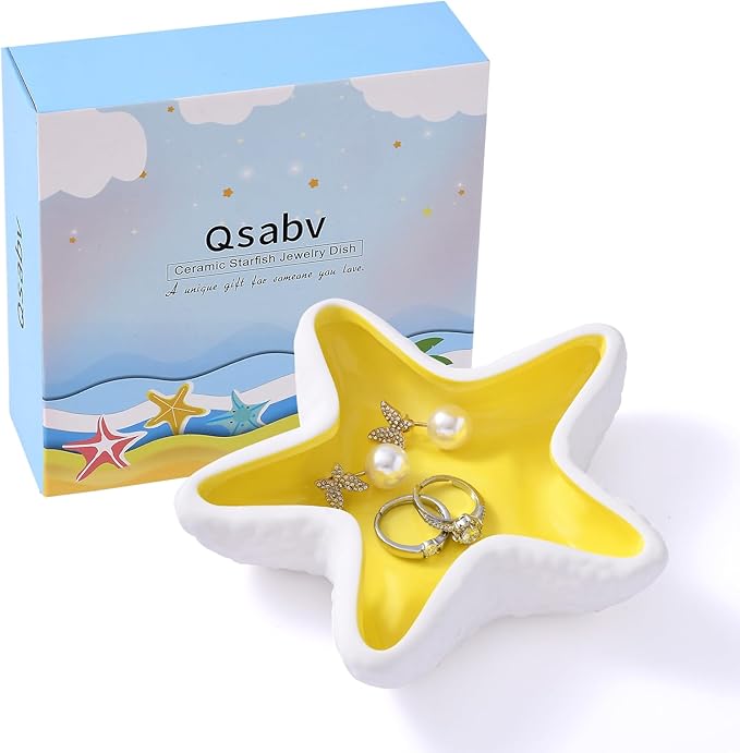 Ceramic Starfish Jewelry Tray, Shell Trinket Dish, Ocean-themed Ring Holder Dish Decorative Tray for Earrings Necklaces Bracelet Watch Key, Yellow Room Decor for Gift