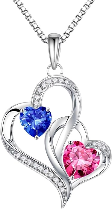 Iefil Christmas Gifts for Women - Double Heart Birthstone Necklace, 925 Sterling Silver Heart Pendant Necklace, Anniversary Birthday Gifts for Women | Personalized Jewelry Gift for Wife Mom Girlfriend