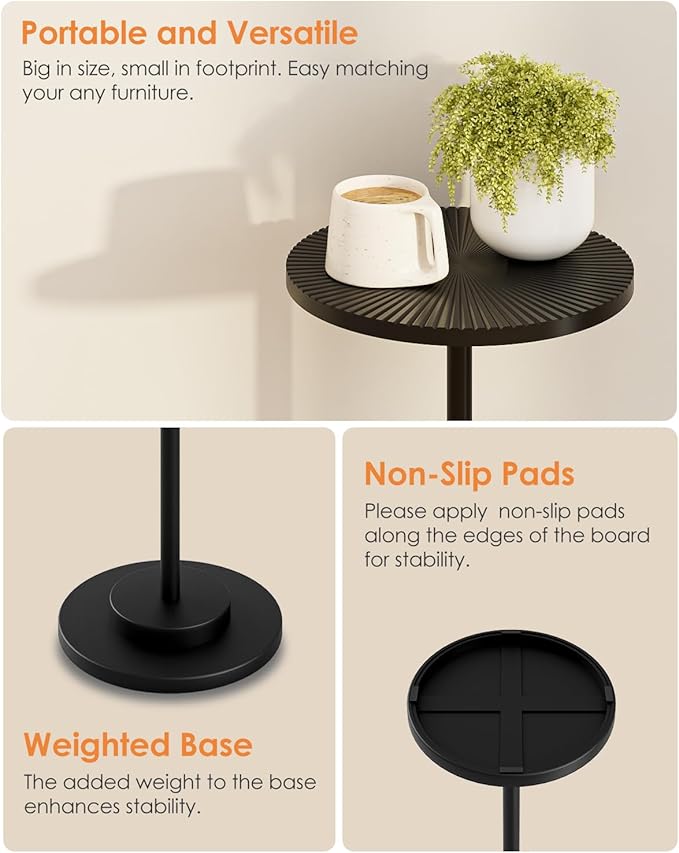 Round Side Table, Small Drink Table for Small Spaces, Modern Accent End Table with Metal Leg for Living Room, Bedroom, Corners, and Office (Black)