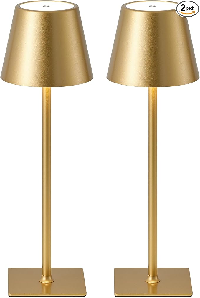 KDG 2 Pack Cordless Table Lamp, Portable LED Desk Lamps, 5000mAh Battery Operated, 3 Color Stepless Dimming Up, for Restaurant, Bedroom, Outdoor Camping, Coffee Shop, Night Light, Rechargeable (Gold)