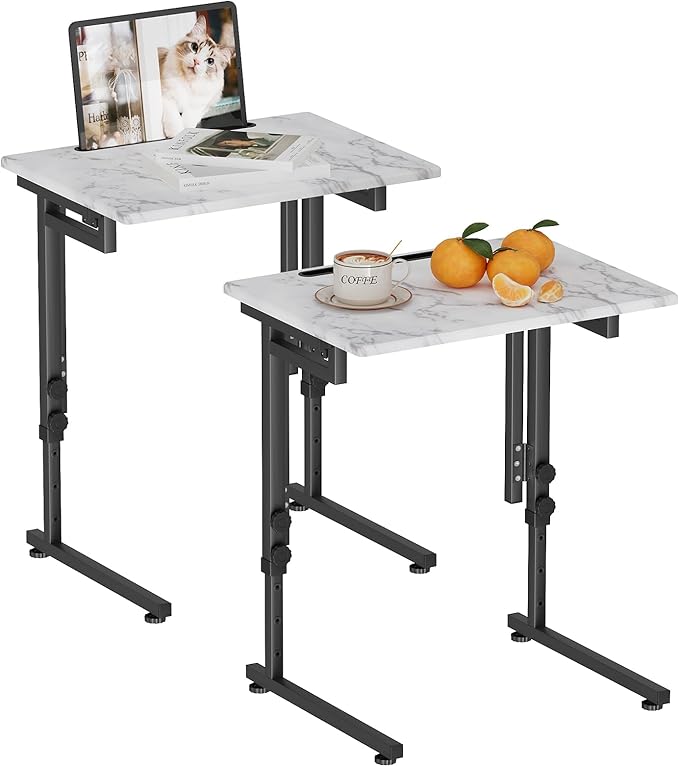 TV Tray, Folding TV Dinner Table, Adjustable Small C-Shaped End Tray for Eating, Foldable Slide Under Couch Side Table for Recliner, Living Room,No Assembly Required(White Marble,2Pcs)