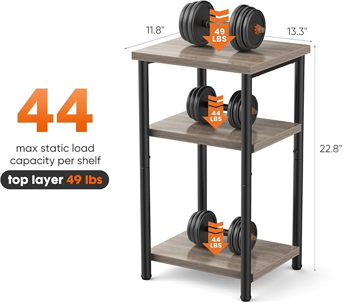 Sweetcrispy End Table 3-Tier, Small Side Table 1-Pack Nightstand with Storage Shelves & Adjustable Feet, for Small Spaces, Living Room, Sofa, Bedroom, Office, Grey