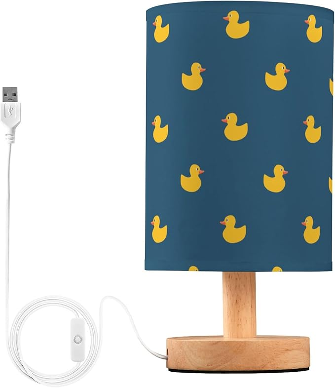 Table Lamp Yellow Duck Pattern on Dark Blue Nightstand Lamp with Wood Base Fabric Lamp Shade Bedside Desk Lamp for Living Room Bedroom Kids Room Office