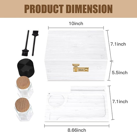 Large bamboo box, locked storage decorative box with combination lock, wooden lock box with lid, wooden locked storage box with removable tray and jars(White)