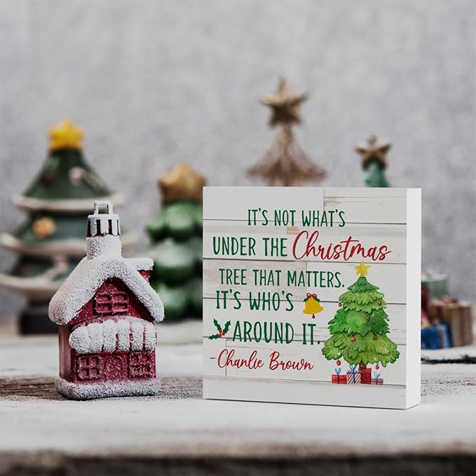 It's Not What's Under The Christmas Tree That Matters Christmas Decor Farmhouse Christmas Santa Artwork Decor, Wood Square Sign Desk Block Signs Home Shelf Office Decoration 5 x 5 Inches