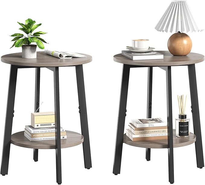 Side Table Set of 2, Small Round End Table with Storage Shelf for Small Space, 2-Tier Bedside Table Sofa Couch Table, Nighstands Set of 2 Accent Table for Living Room, Bedroom, Grey