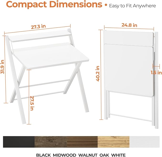 GreenForest No Assembly Folding Desk, 2-Tier Compact Computer Desk with Shelf, Space Saving Foldable Table for Home Office, Dorm or Apartment, Portable Collapsible Sturdy Laptop Desk, White