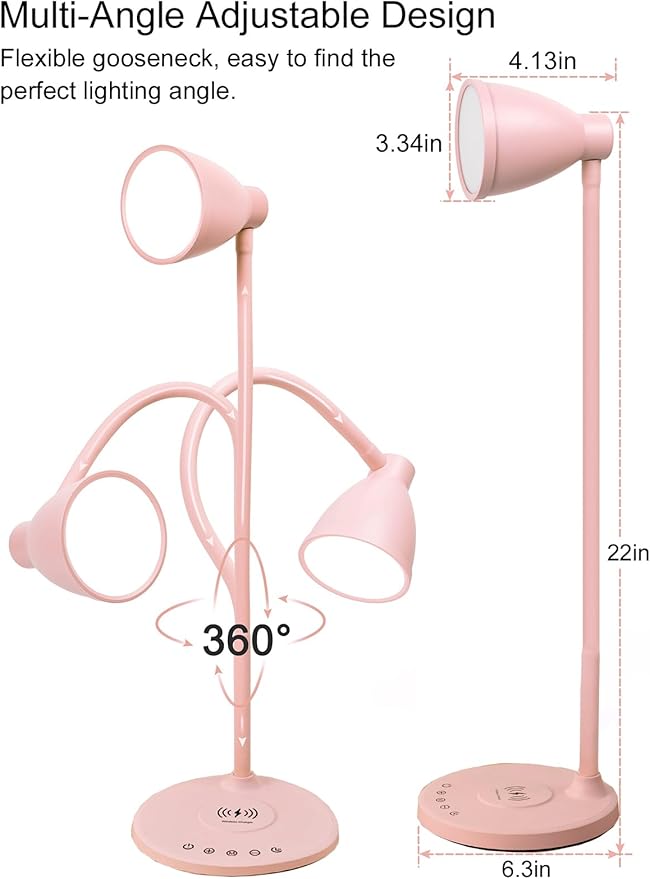 BOHON Cute Desk Lamp with USB C+A Charging Ports, Wireless Charger Pink Lamp, 5 Colors Stepless Dimming Reading Light, Touch Bedside Table Lamp, LED Desk Light for Home Office College Dorm Room Pink