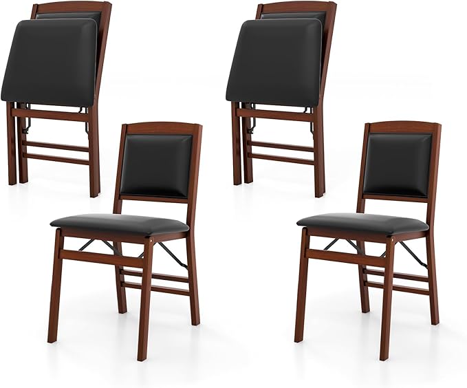 Folding Chairs Set 4, Wooden Foldable No Assembly Chair-Set with Padded Seats, Solid Wood Frame, 400 lbs Weight Capacity, Space Saving Dining Chairs for Small Space, Guests Kitchen (4, Padded Back)